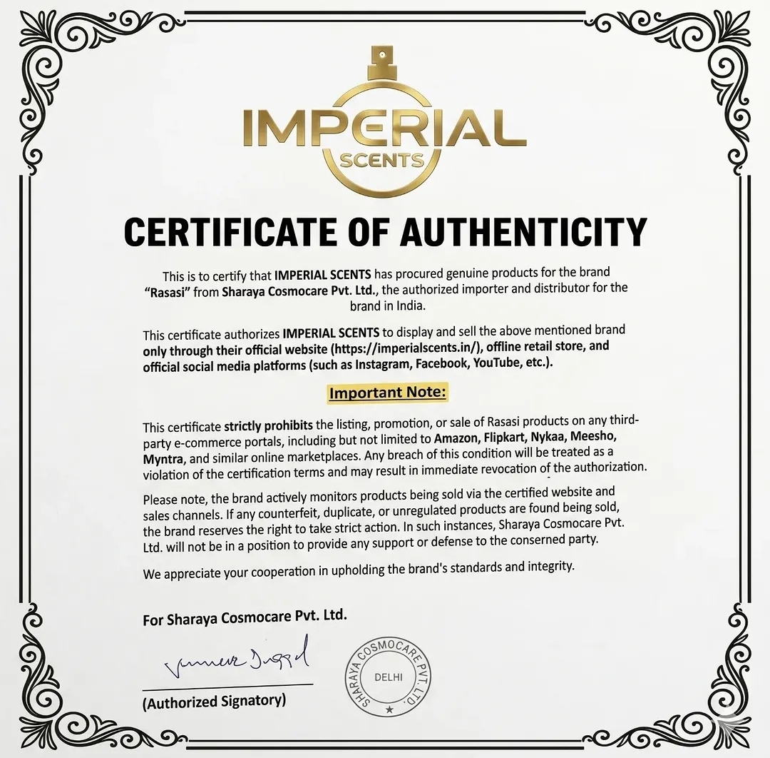 Imperial Scents Certificate of Authenticity
